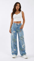 Vintage Floral High-Waisted Wide-Leg Jeans