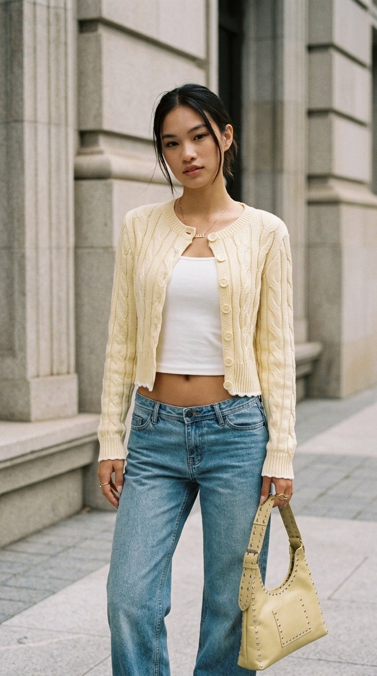 Cable Knit Button-Down Cropped Cardigan