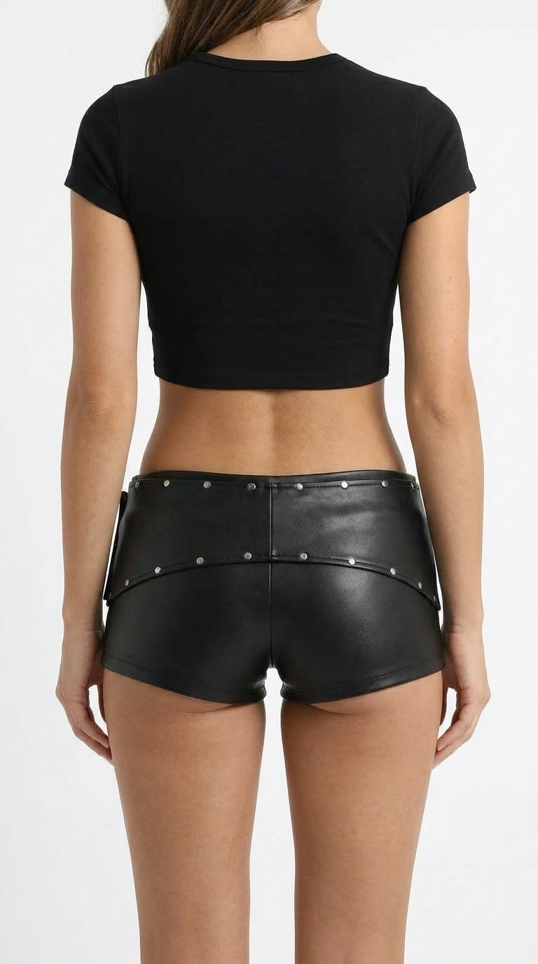Rebel Studded Buckle Faux Leather Shorts