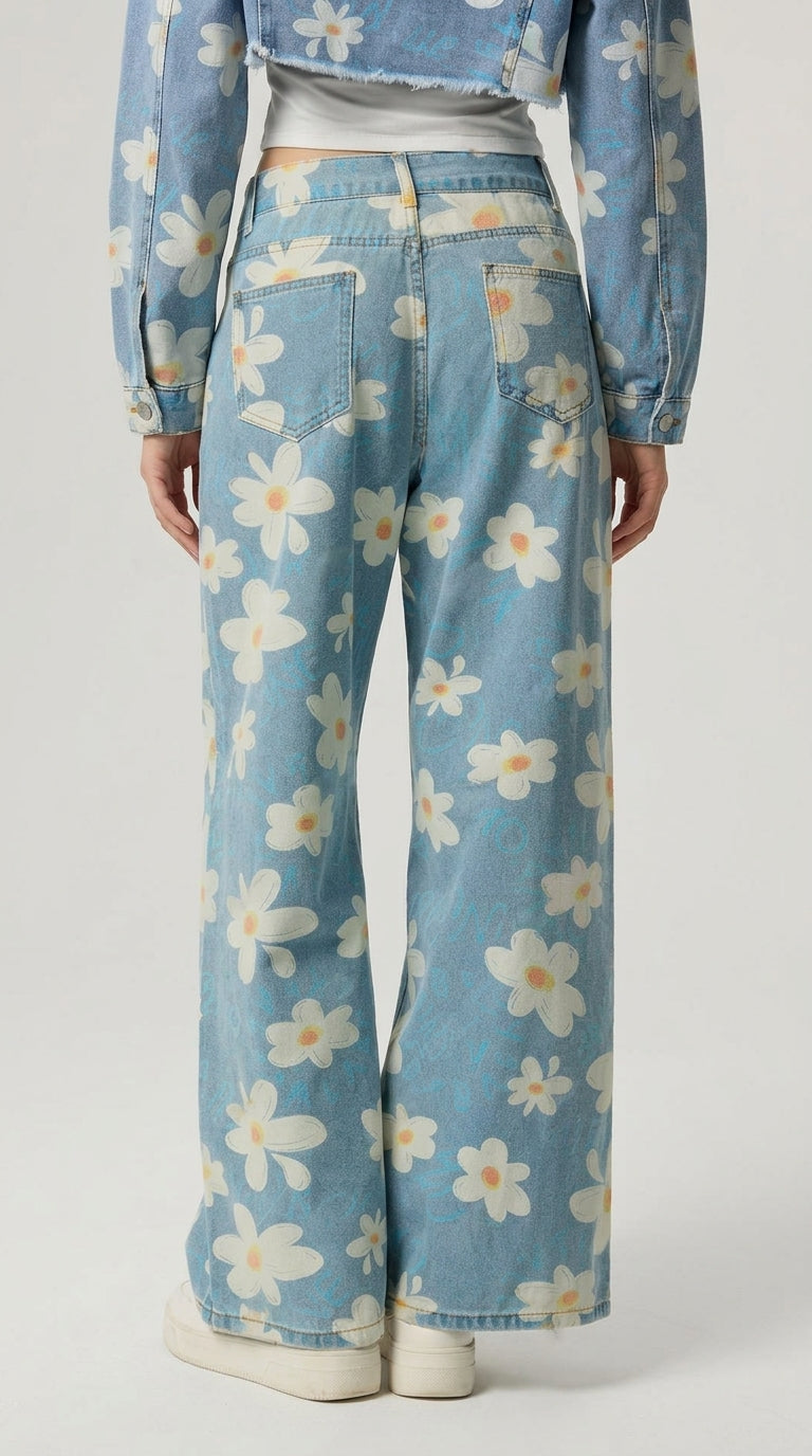 Pocketed Floral Wide Leg Jeans