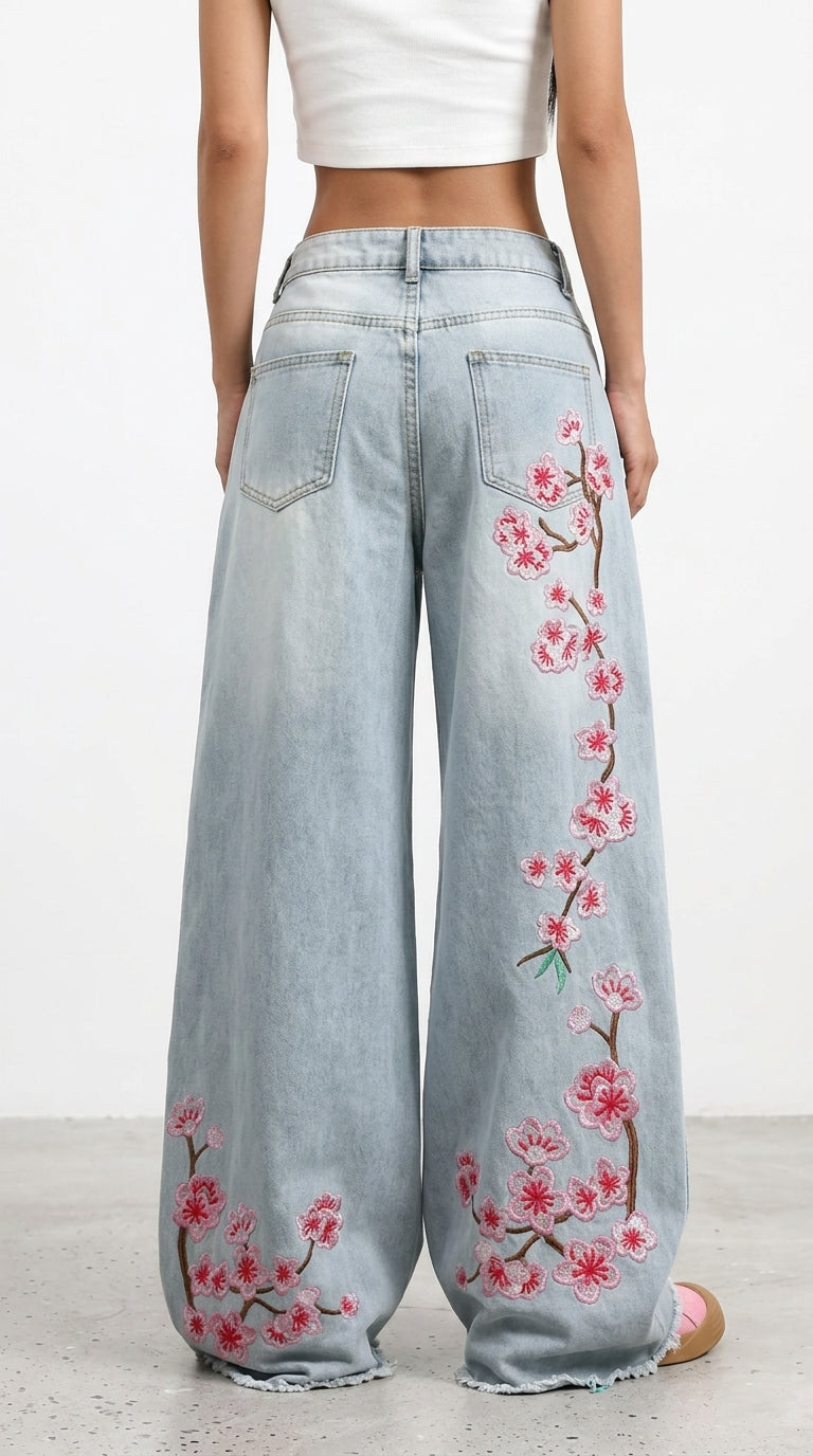 Embroidered Wide-Leg Baggy Jeans