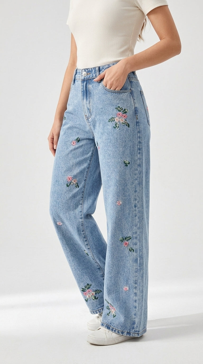 Willow Embroidered Wide-Leg Jeans