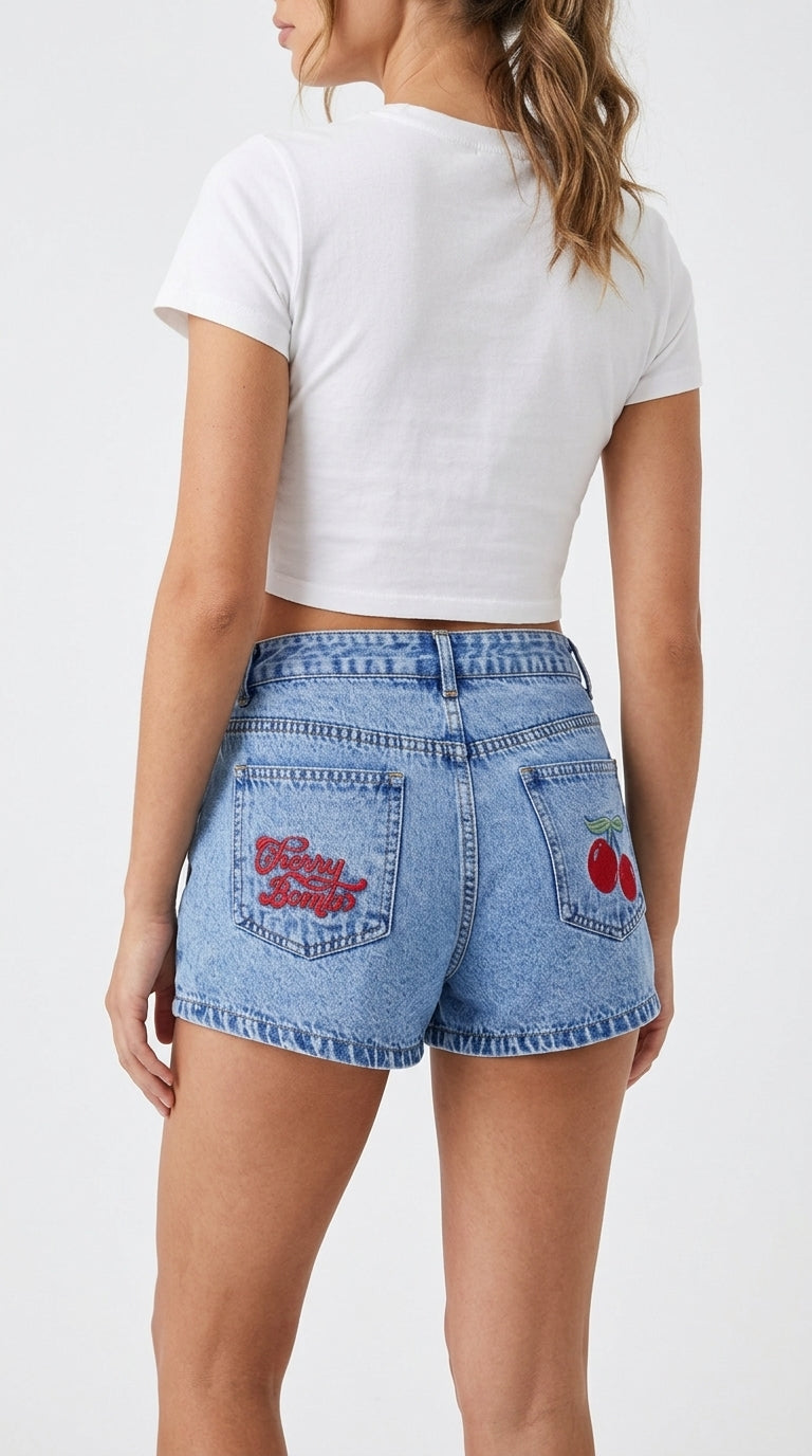 Cherry Embroidered Denim Shorts