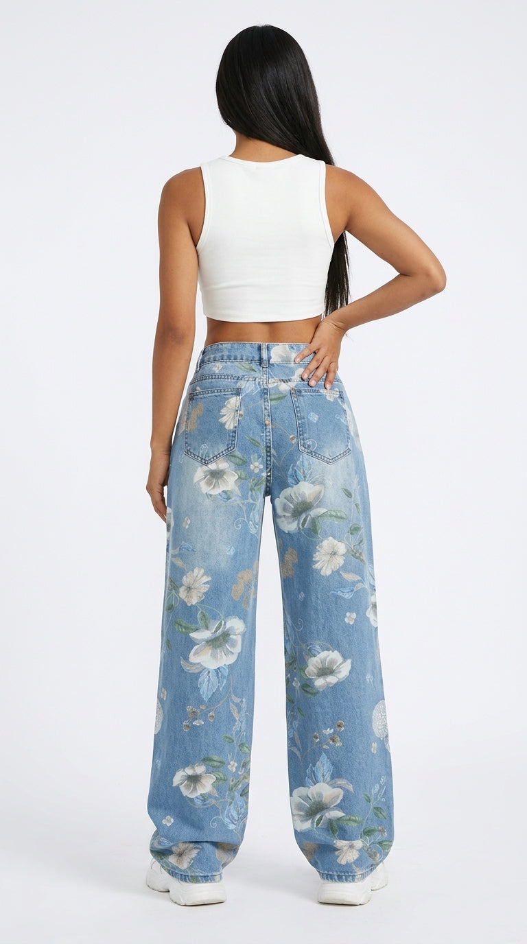 Vintage Floral High-Waisted Wide-Leg Jeans