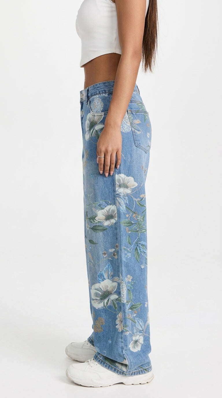 Vintage Floral High-Waisted Wide-Leg Jeans