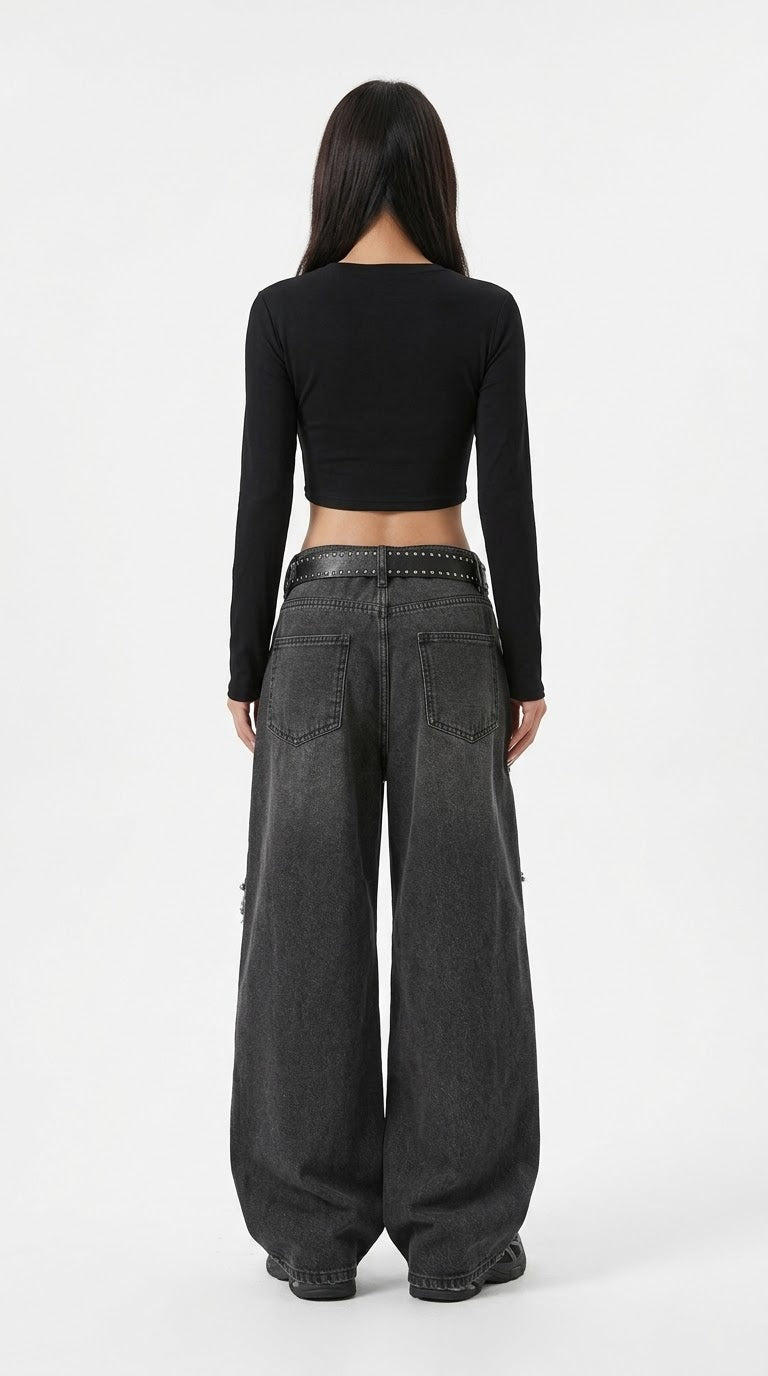 Washed Black Wide-Leg Star Patch Jeans, Low-Rise Baggy Denim with Frayed Edges