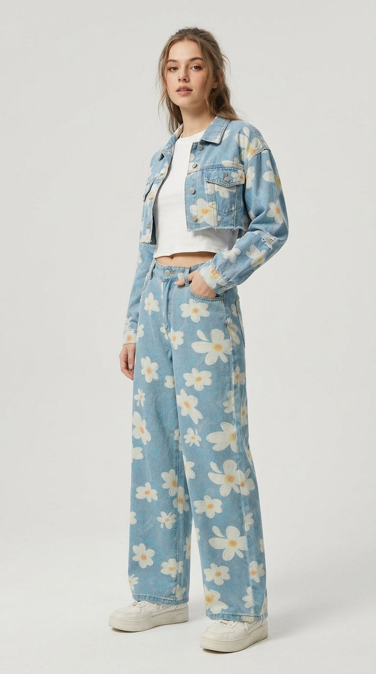 Pocketed Floral Wide Leg Jeans