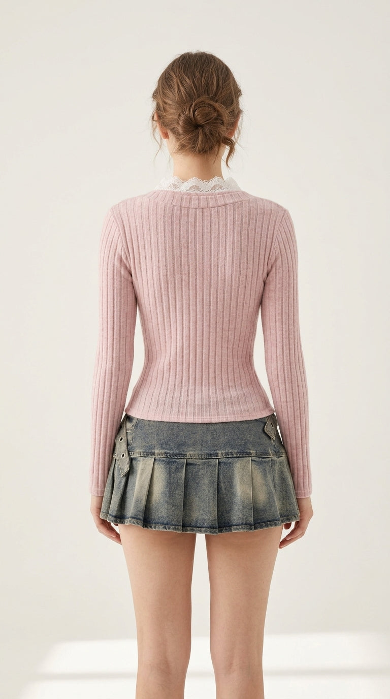 Ella Lace-Trim Ribbed V-Neck Top