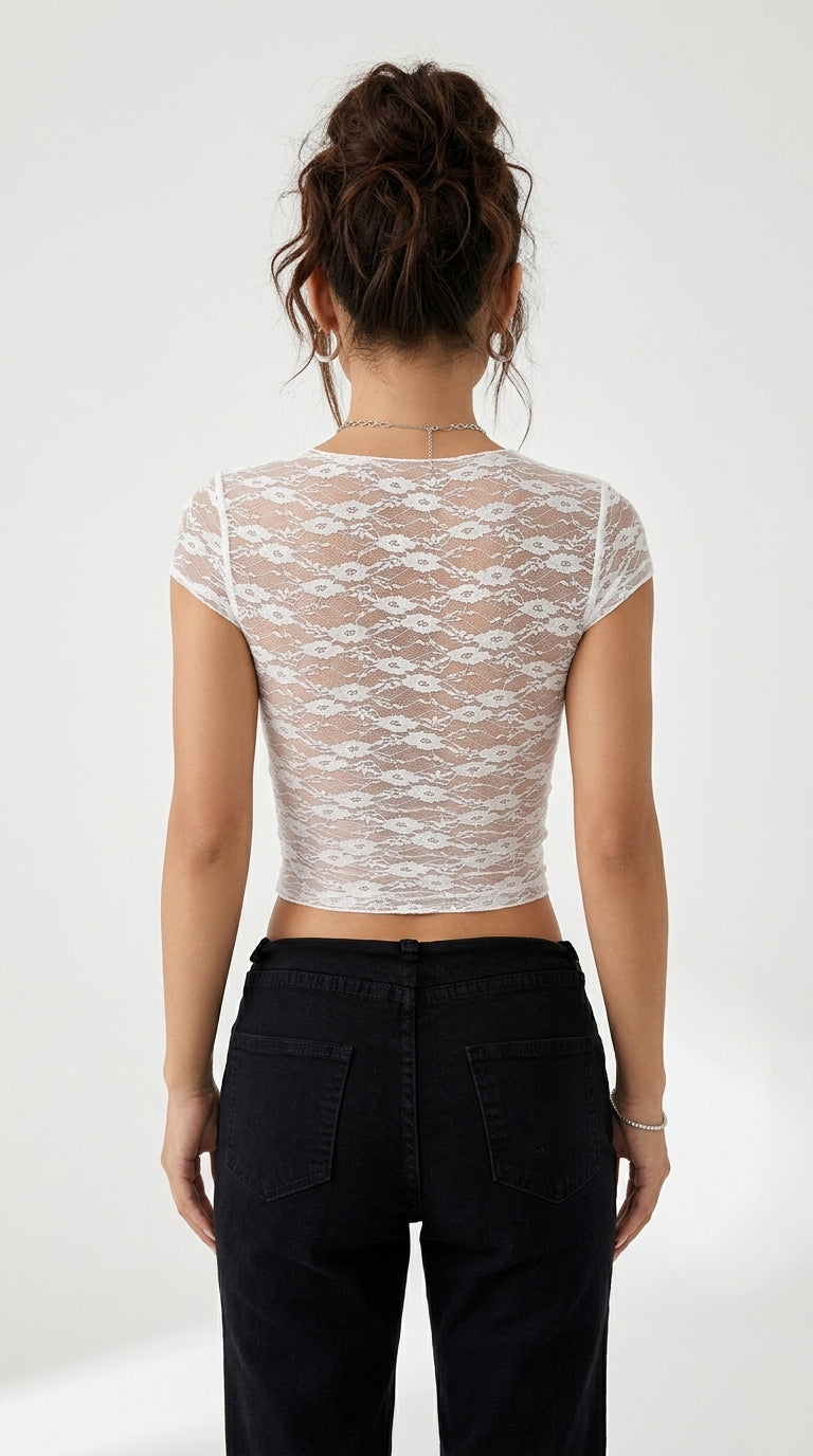 Plunge Cap Sleeve Lace Top