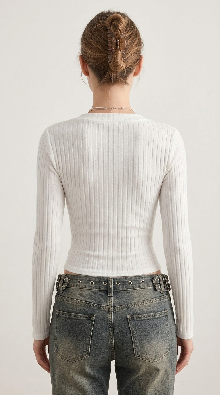 Ella Lace-Trim Ribbed V-Neck Top