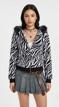 Sara Zebra Faux Fur Zip-Up Jacket