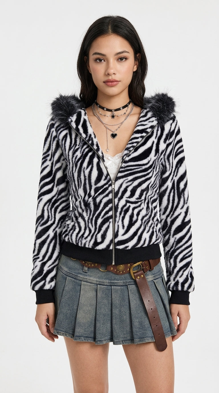 Sara Zebra Faux Fur Zip-Up Jacket