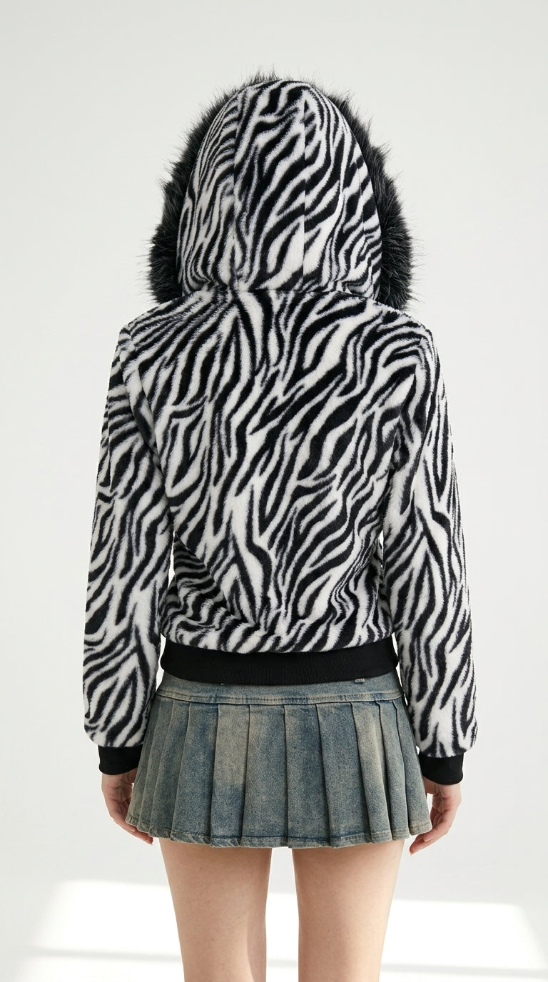 Sara Zebra Faux Fur Zip-Up Jacket