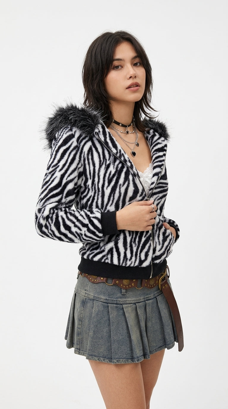Sara Zebra Faux Fur Zip-Up Jacket