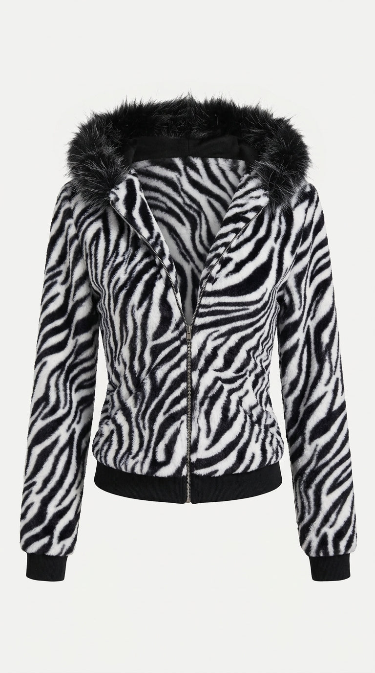 Sara Zebra Faux Fur Zip-Up Jacket