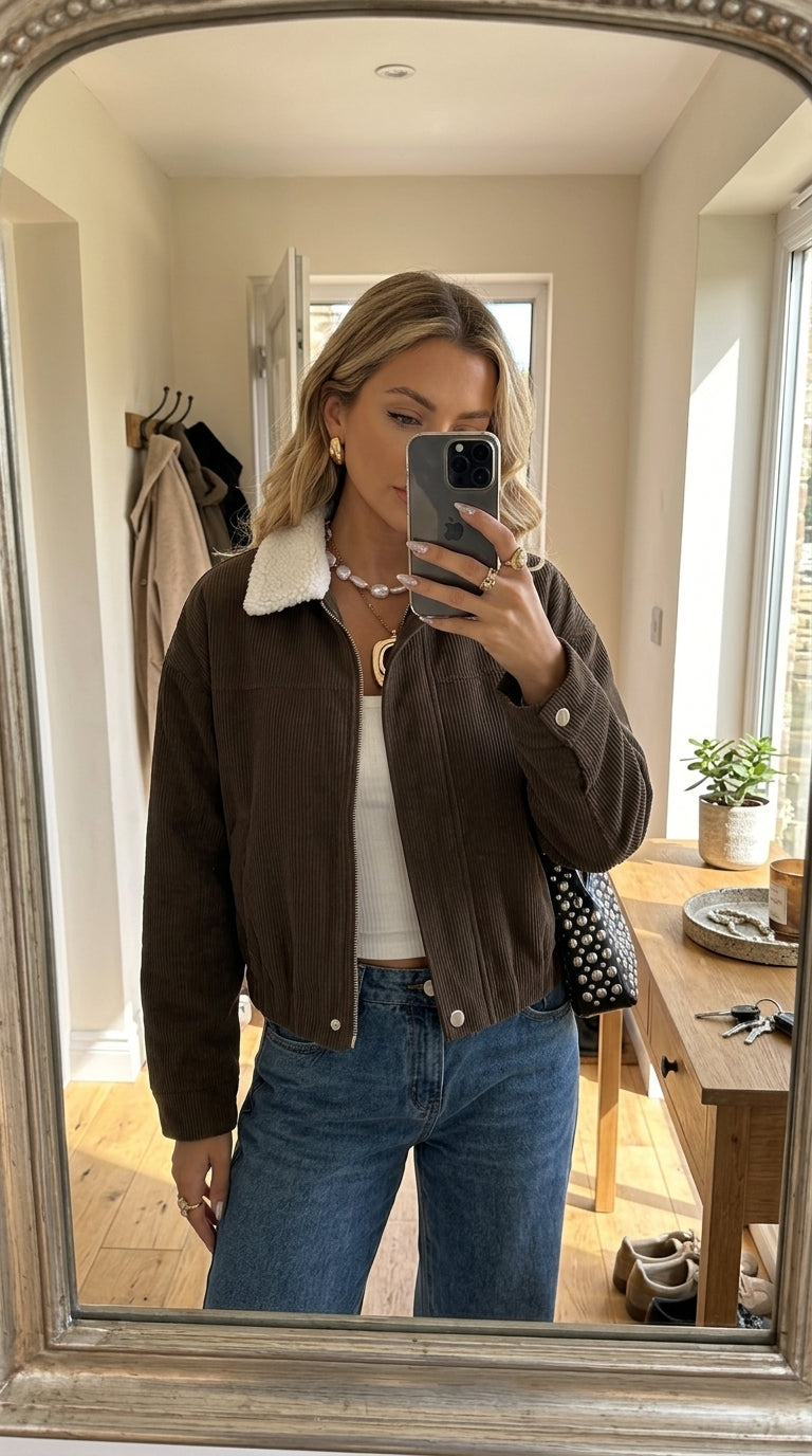 Contrast Sherpa Collar Corduroy Zip Up Jacket