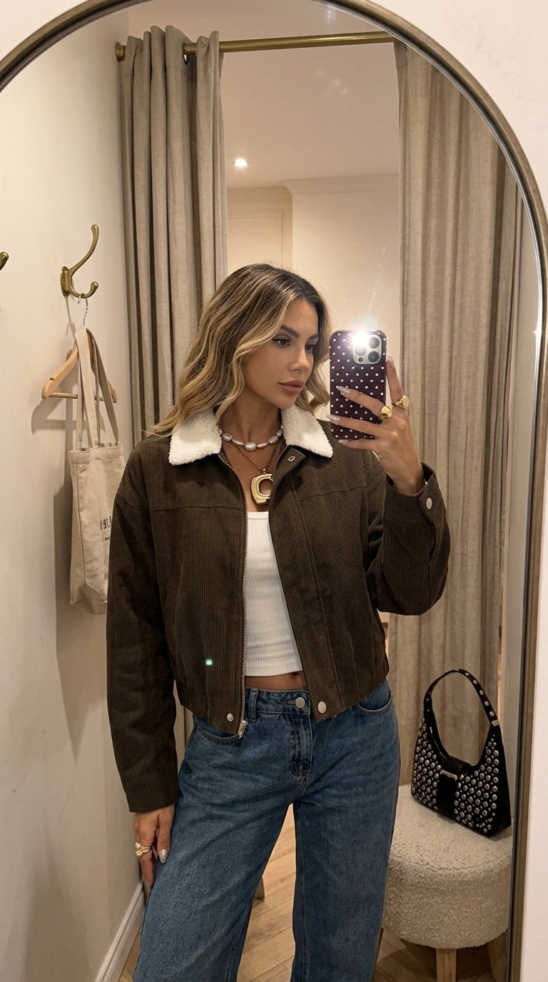 Contrast Sherpa Collar Corduroy Zip Up Jacket