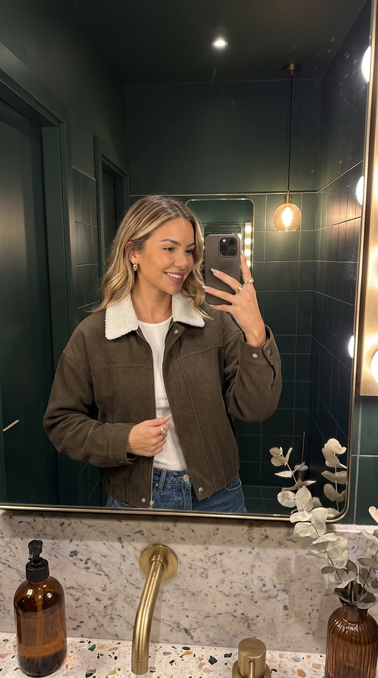 Contrast Sherpa Collar Corduroy Zip Up Jacket