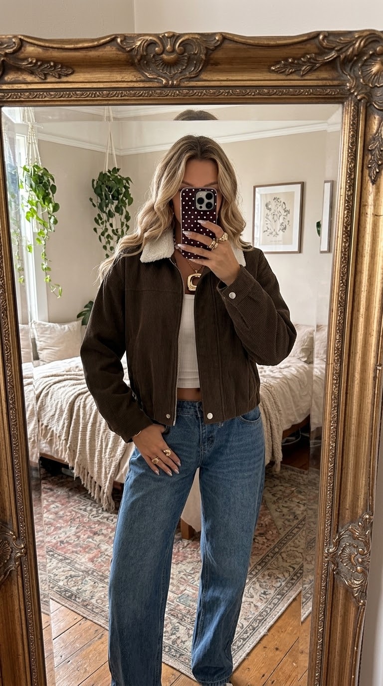 Contrast Sherpa Collar Corduroy Zip Up Jacket