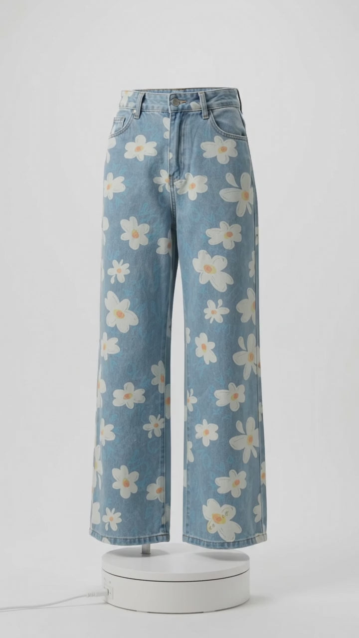 Pocketed Floral Wide Leg Jeans