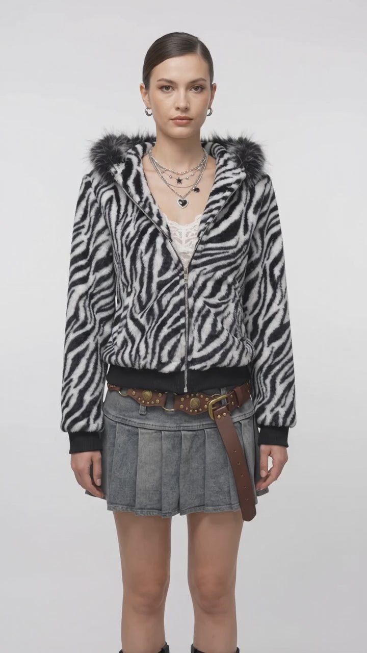 Sara Zebra Faux Fur Zip-Up Jacket
