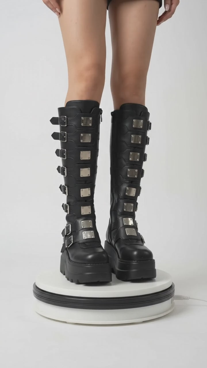 Riot Multi-Buckle Knee-High Platform Boots