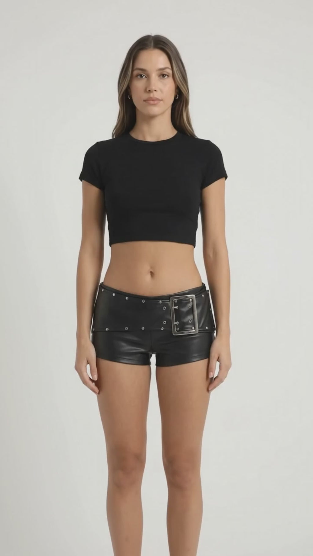 Rebel Studded Buckle Faux Leather Shorts